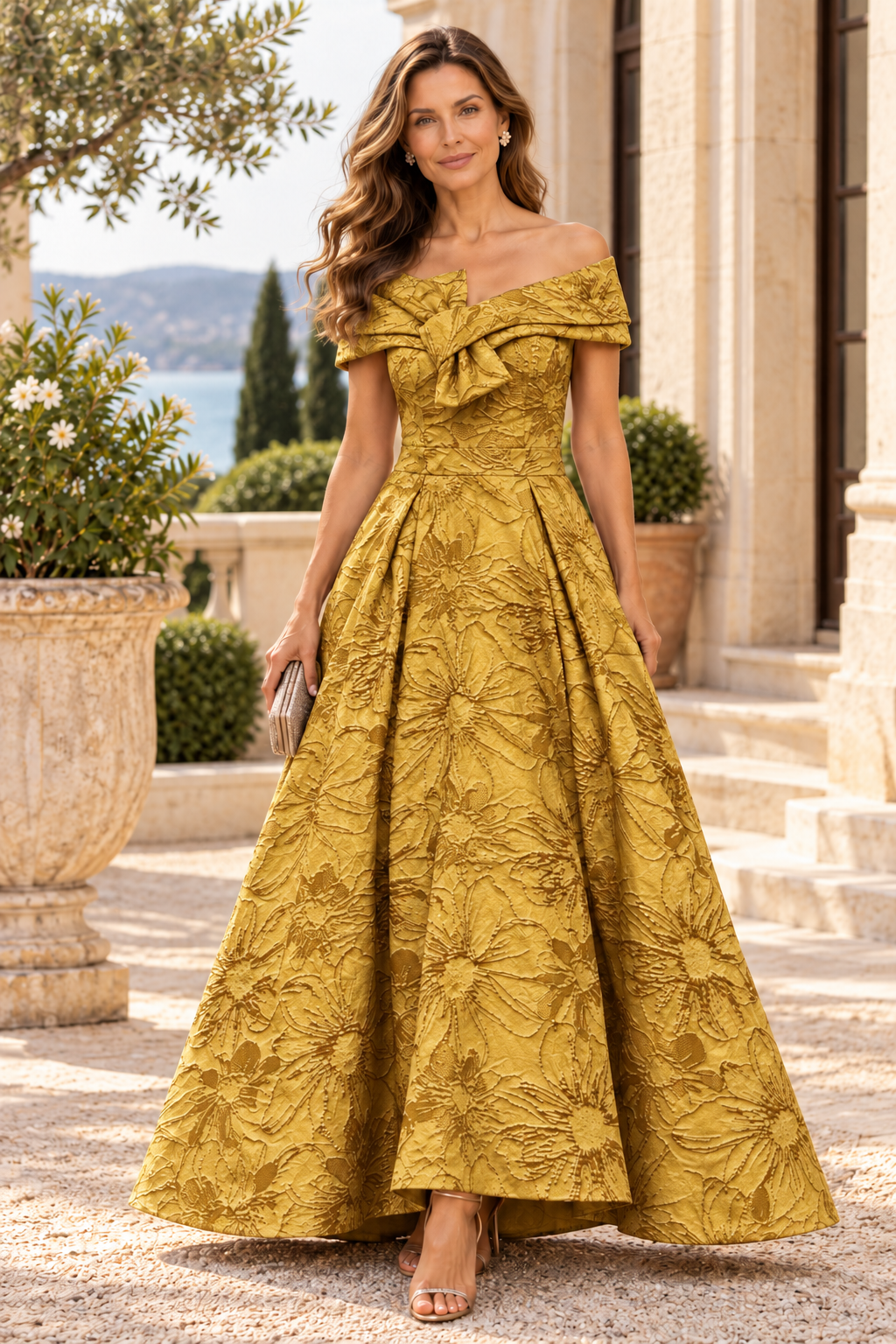 Off-the-Shoulder Jacquard Ball Gown with Bow