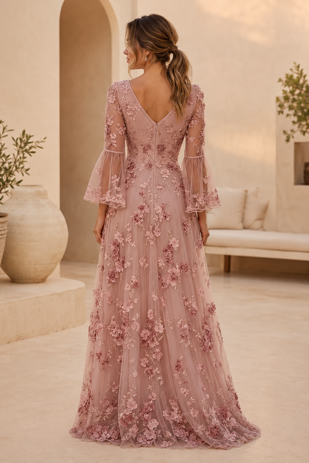 Vestido de corte A con apliques florales en 3D y mangas acampanadas