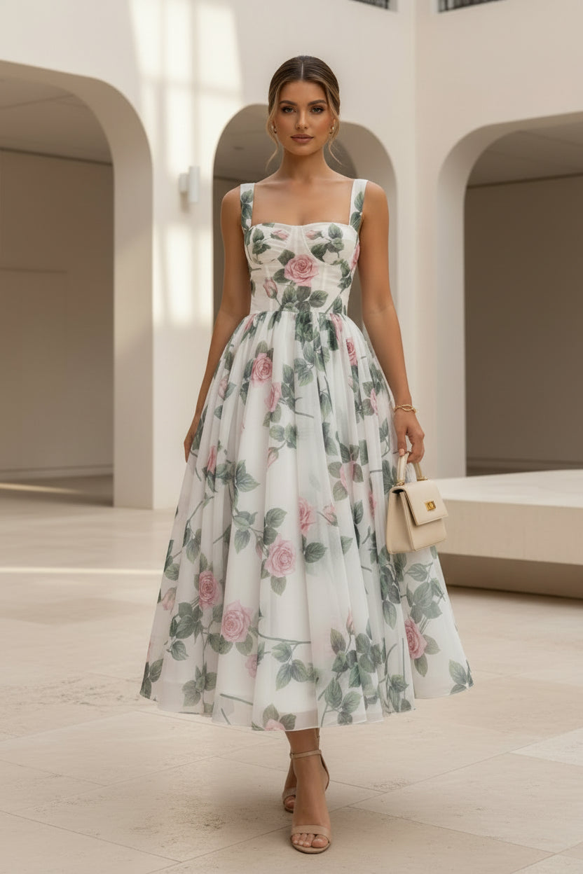 Vestido Midi Corsé con Estampado Floral de Rosas y Falda Completa