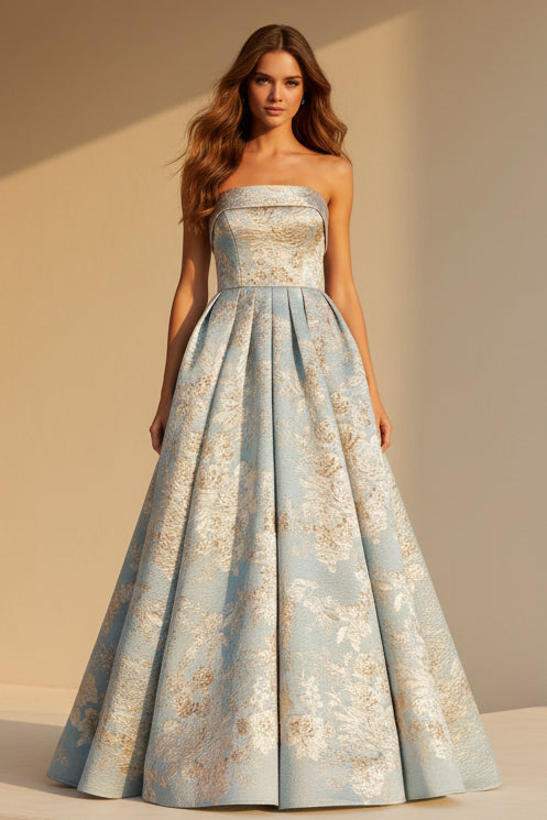 Vestido de noche de jacquard floral sin tirantes