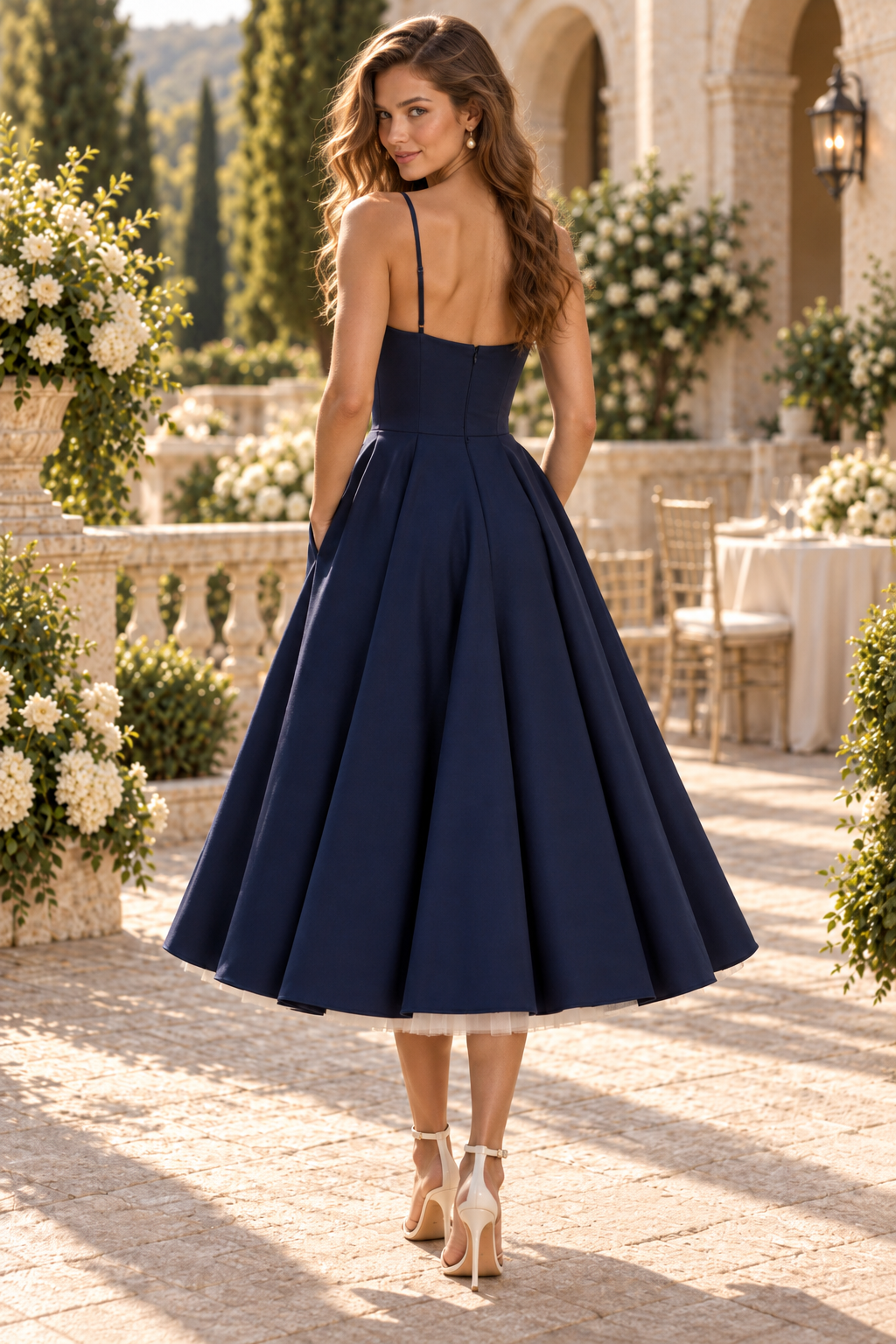 A-Line Midi Dress with Bustier Bodice & Pockets
