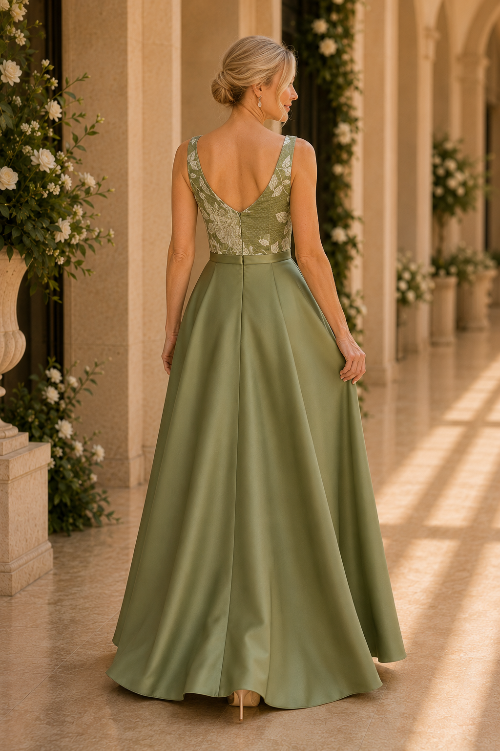 Vestido columna de jacquard floral con sobrefalda de satén