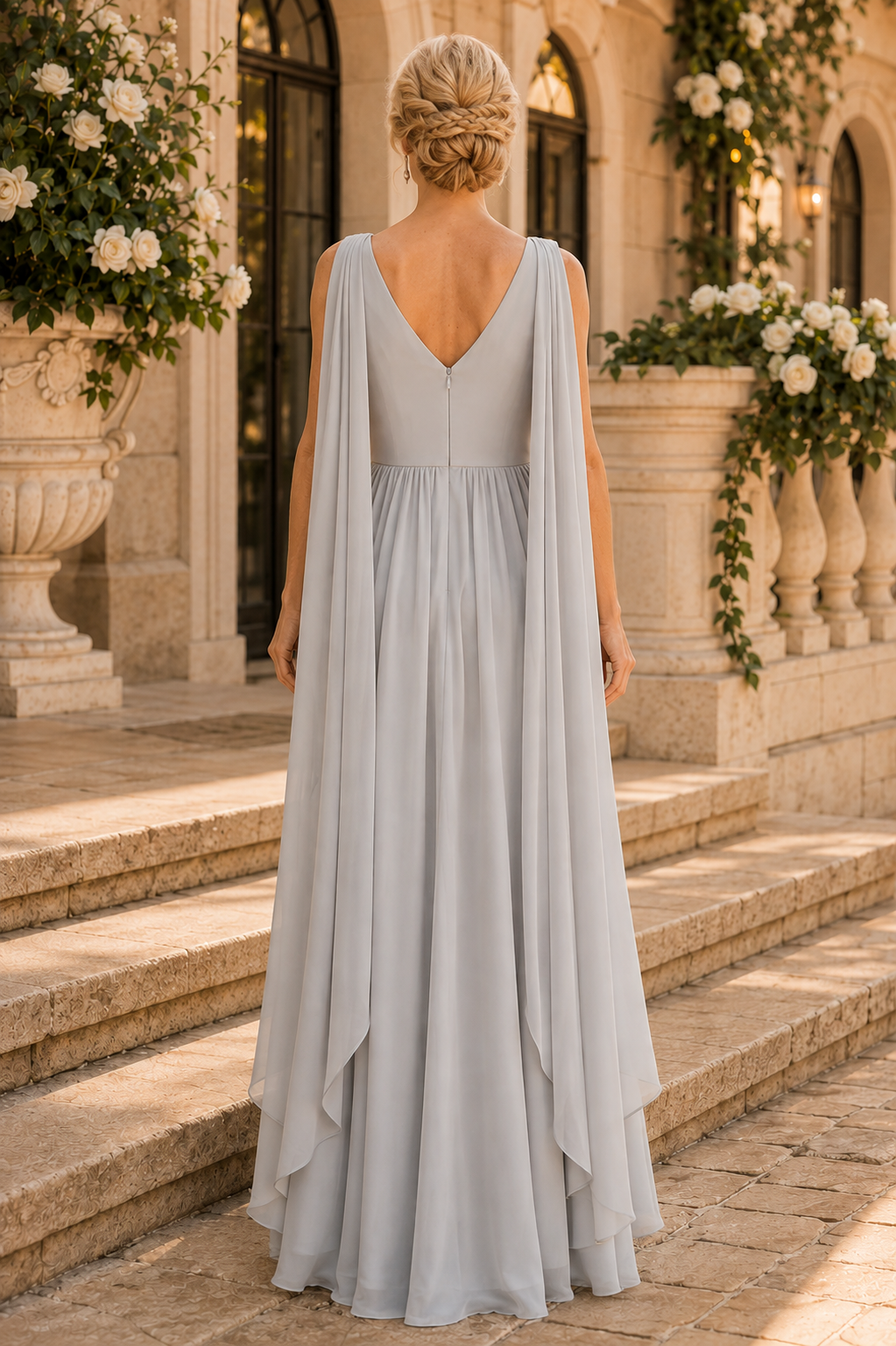 Vestido plisado de chifón con escote en V y detalles de capa