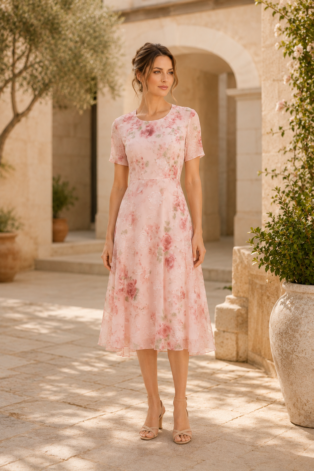 Vestido midi floral escalonado con chaqueta transparente