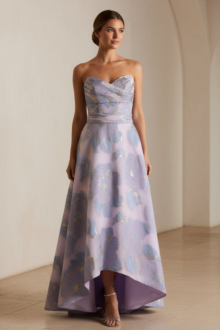 Vestido largo jacquard palabra de honor escote corazón con bajo asimétrico