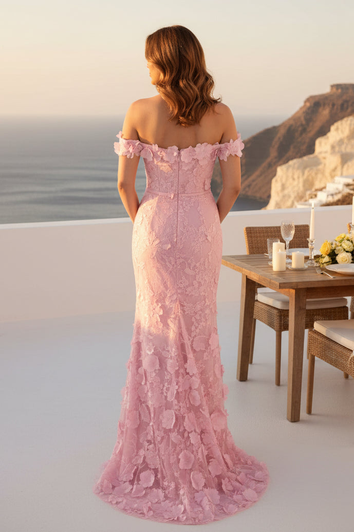 Vestido de Noche Ajustado con Hombros Descubiertos y Flores en 3D