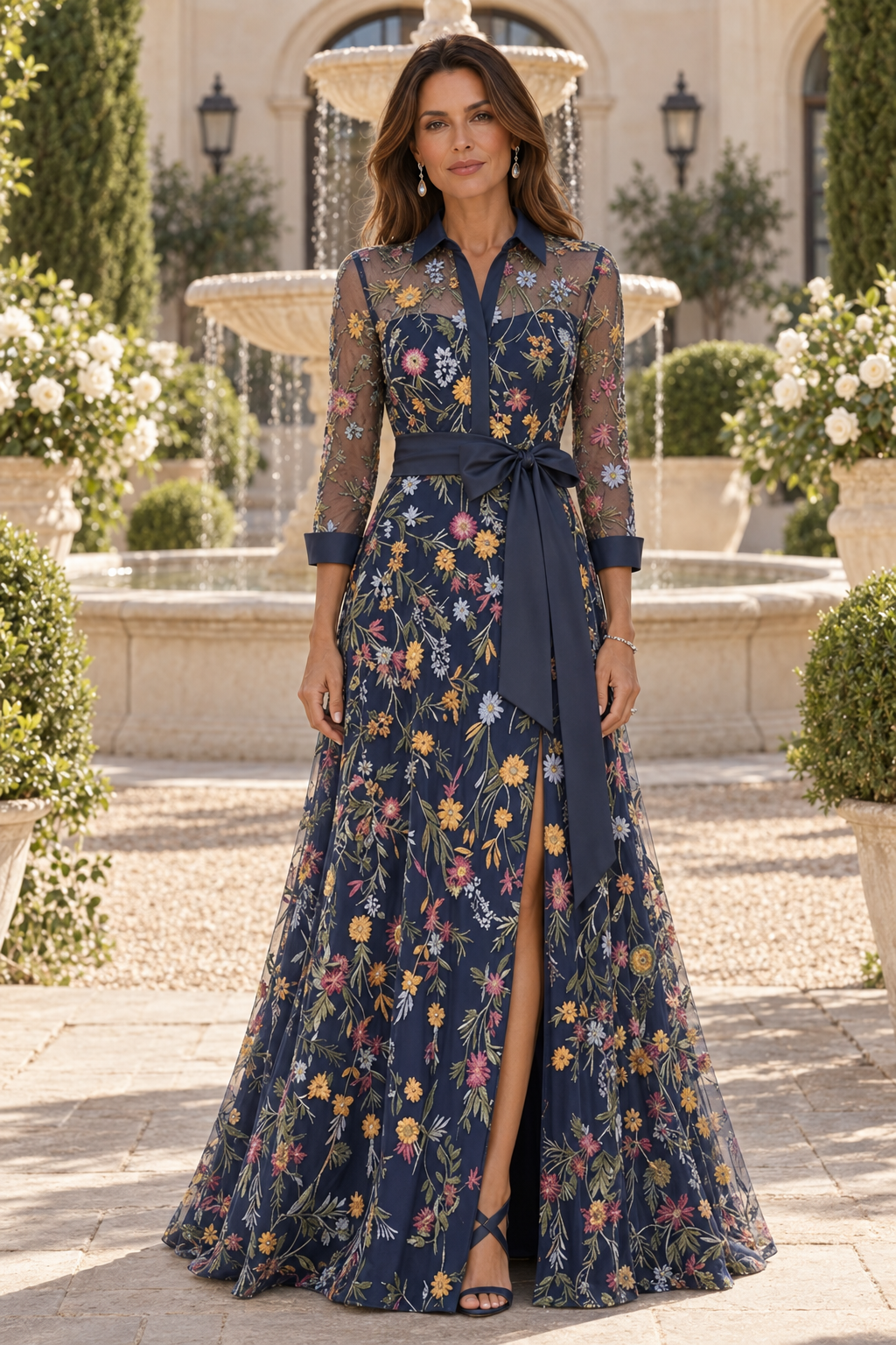Vestido de noche con bordado floral y manga francesa
