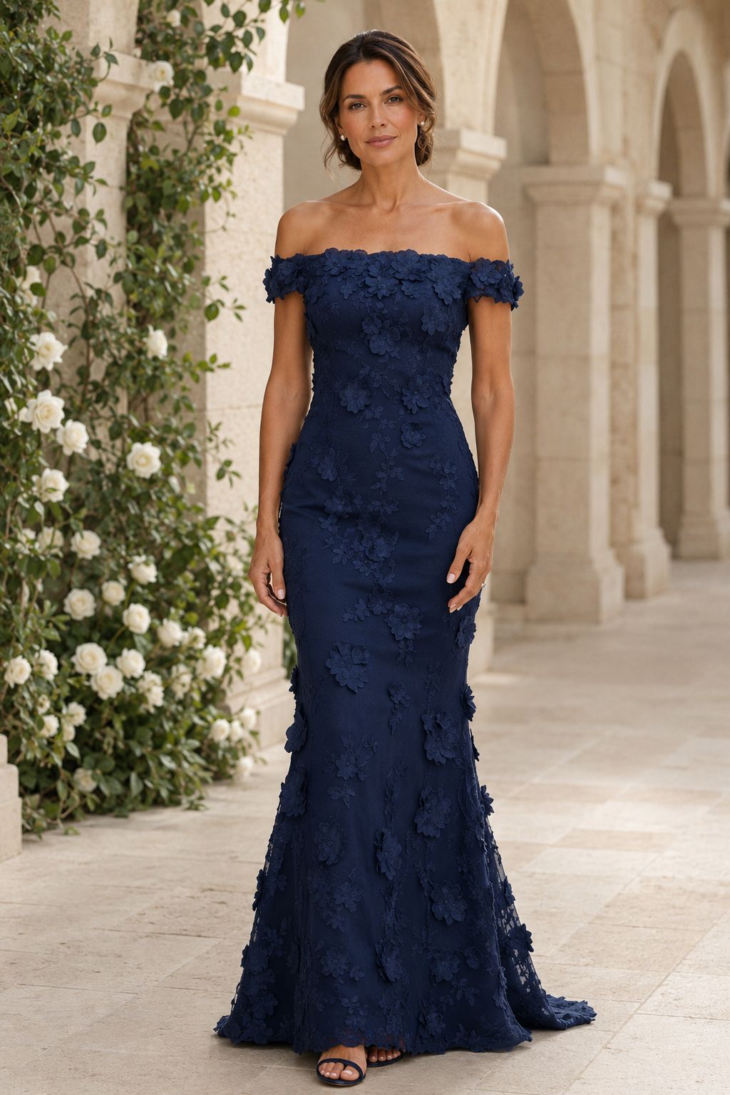 Vestido de sirena con encaje floral 3D y escote de hombros caídos