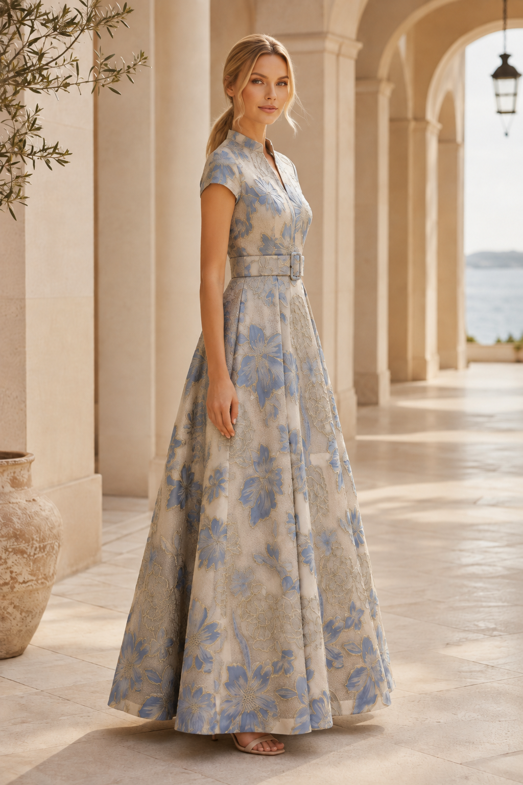 Vestido largo acampanado de jacquard floral con cinturón