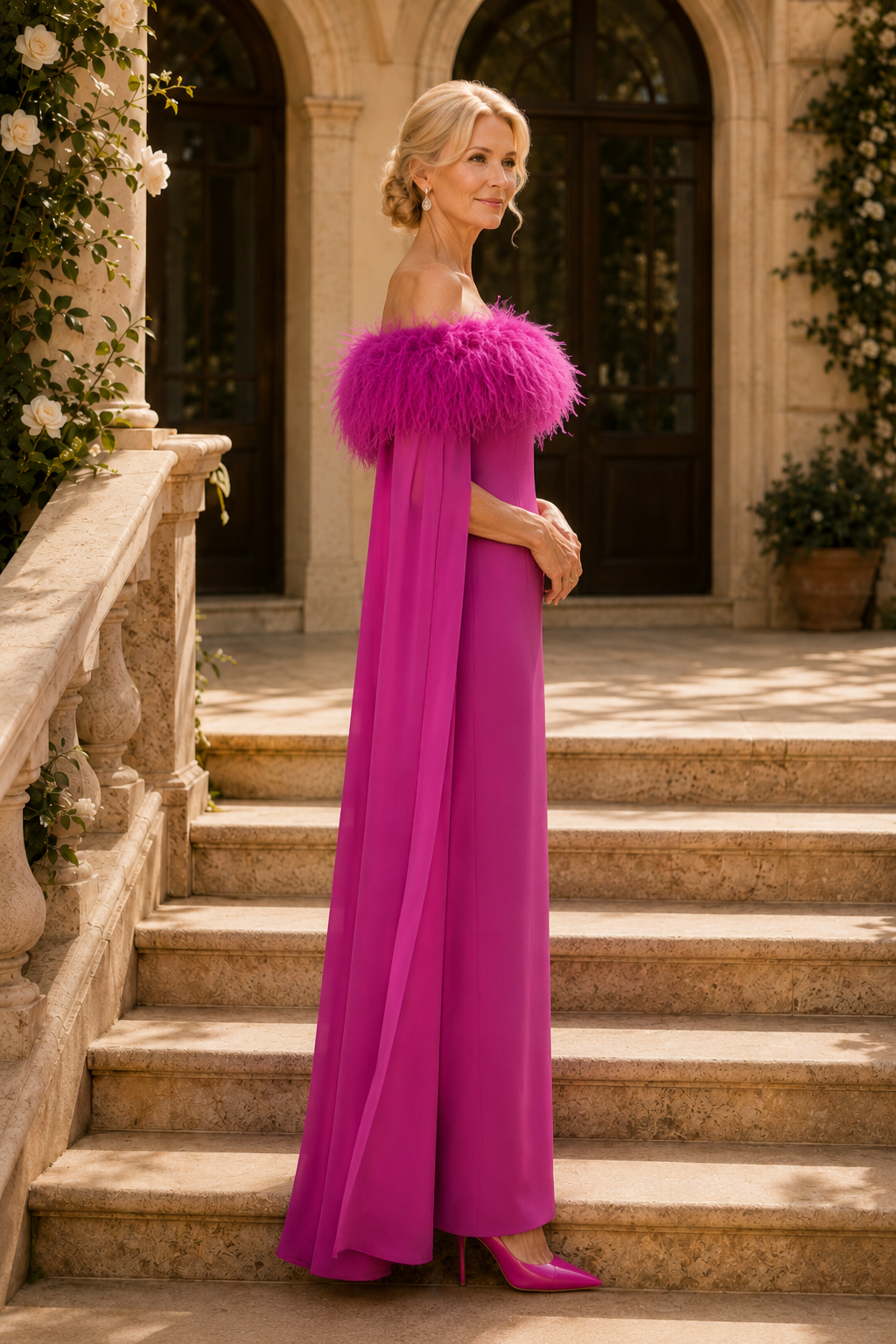 Vestido columna de plumas con hombros descubiertos y capa