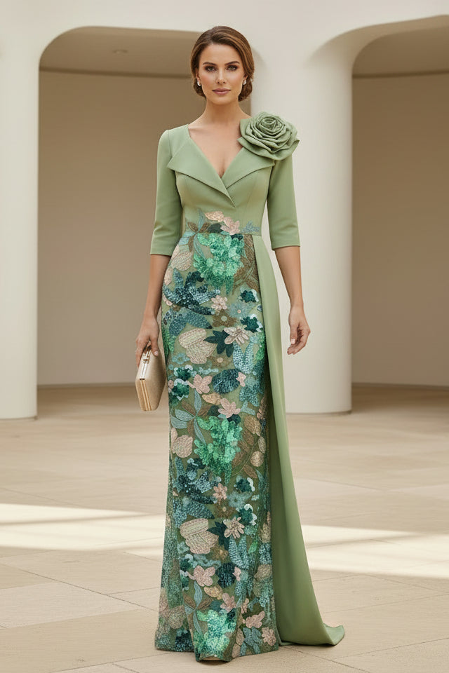 Vestido de noche con lentejuelas, bordado floral y drapeado de satén