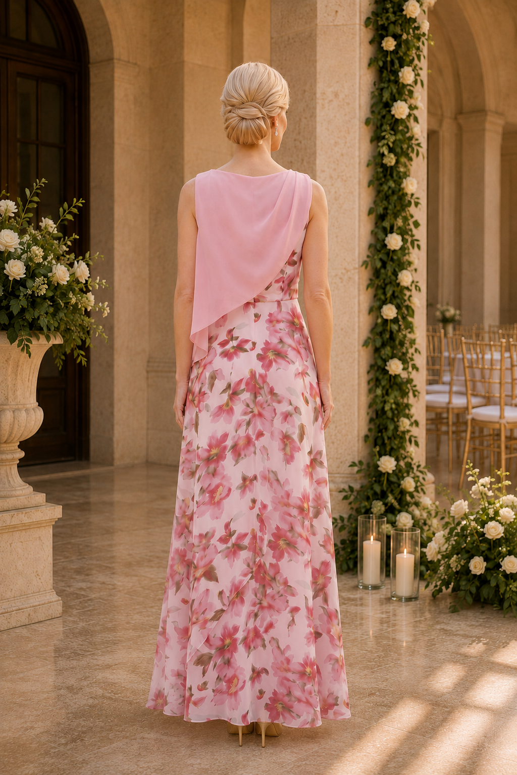 Vestido largo de gasa floral con corte en A y corpiño drapeado