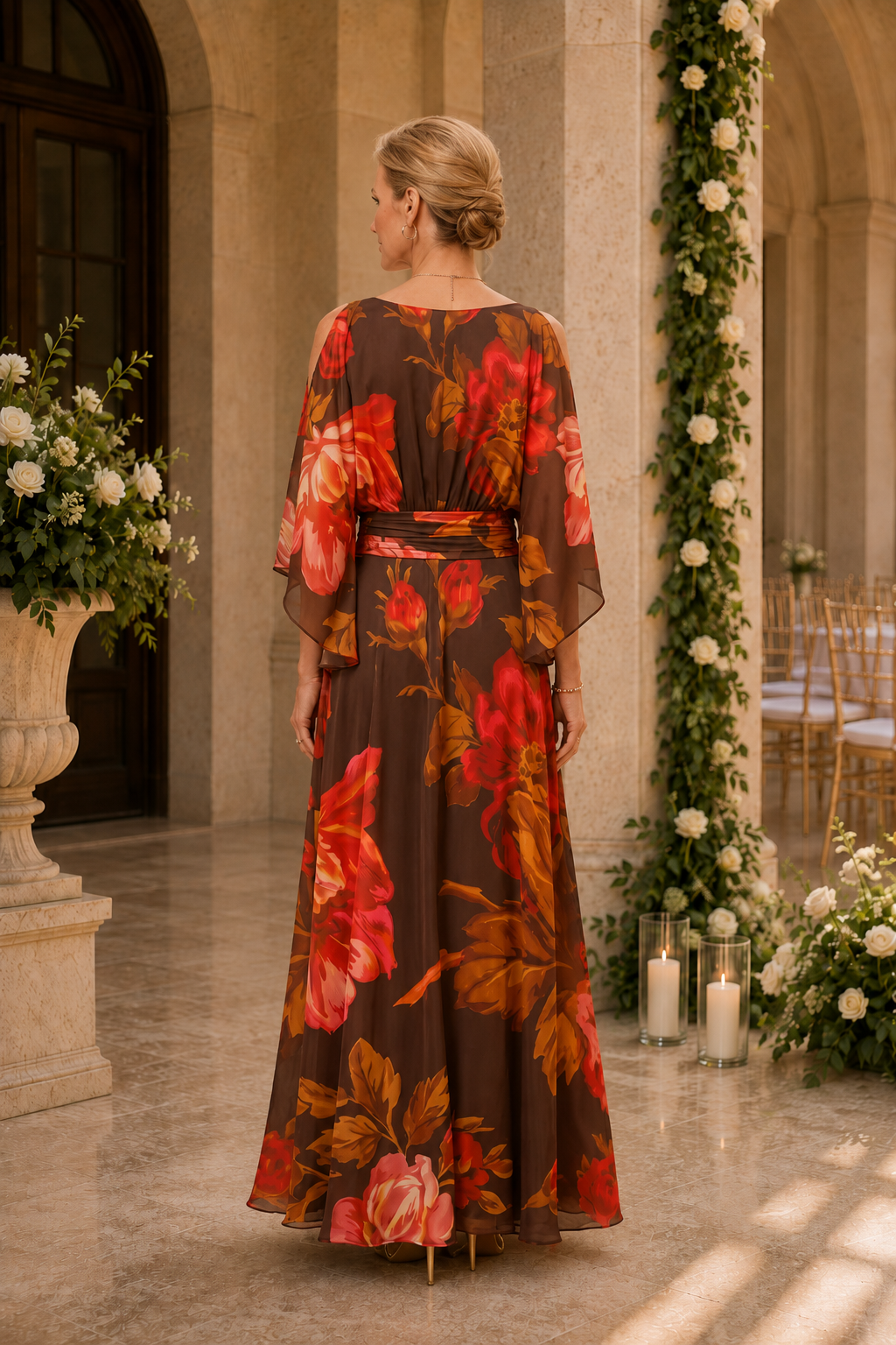 Vestido maxi evasé con estampado floral y hombros descubiertos