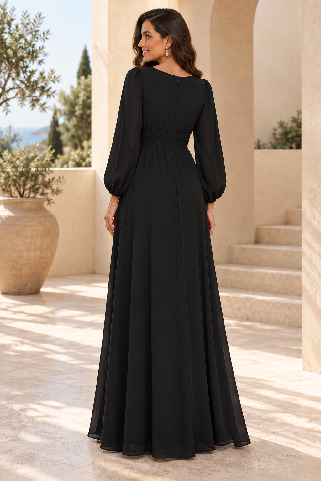 Pleated Bodice Long Sleeve Floor-Length Maxi Dress