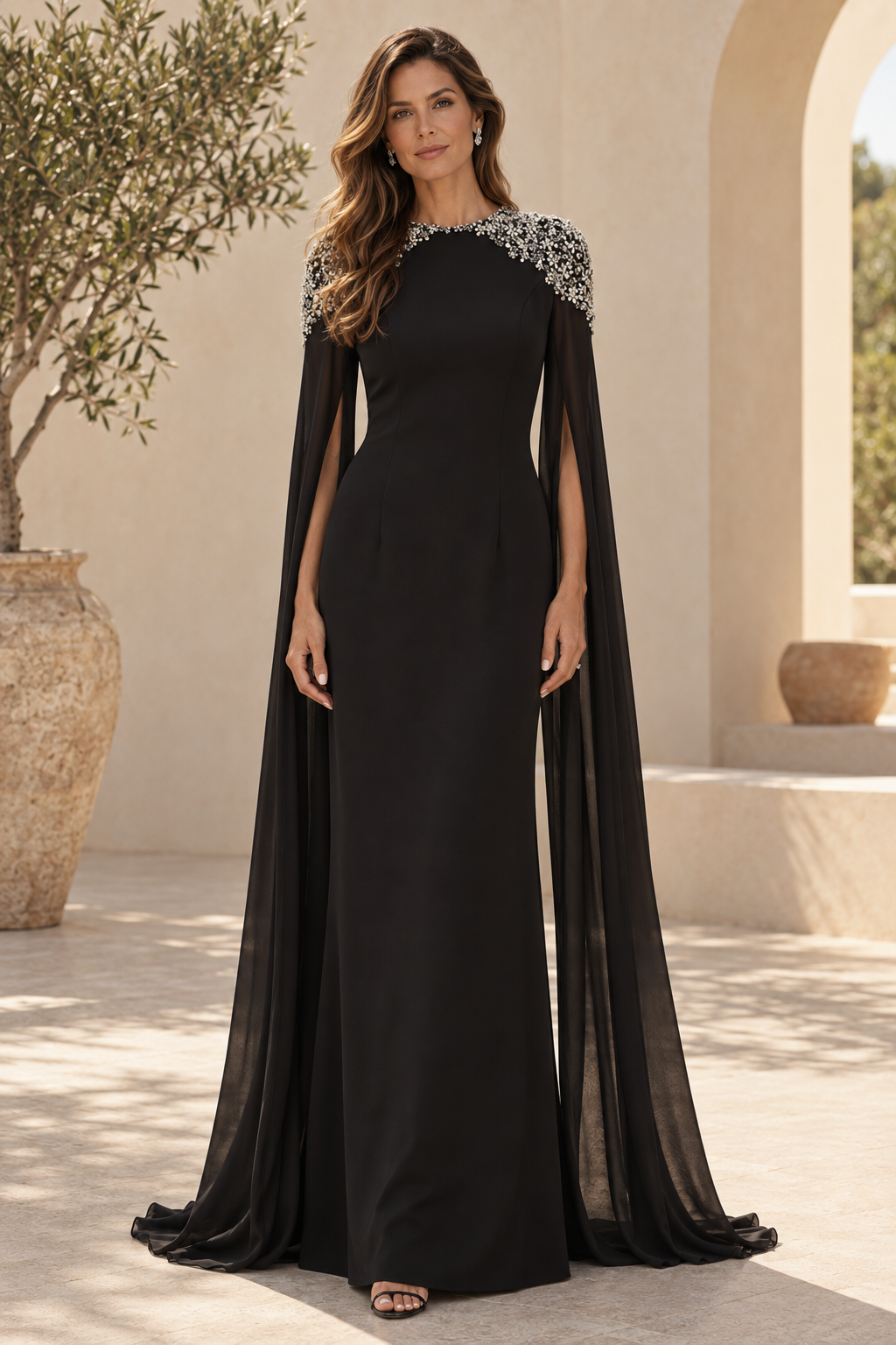 Embellished Cape Sleeve Floor-Length Evening Gown