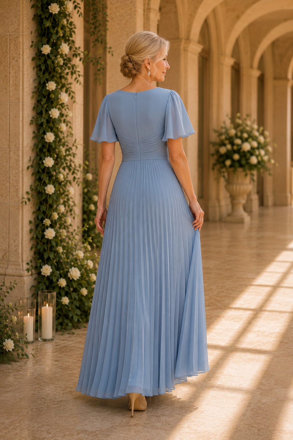 Vestido de noche de chifón plisado corte A con mangas de volantes