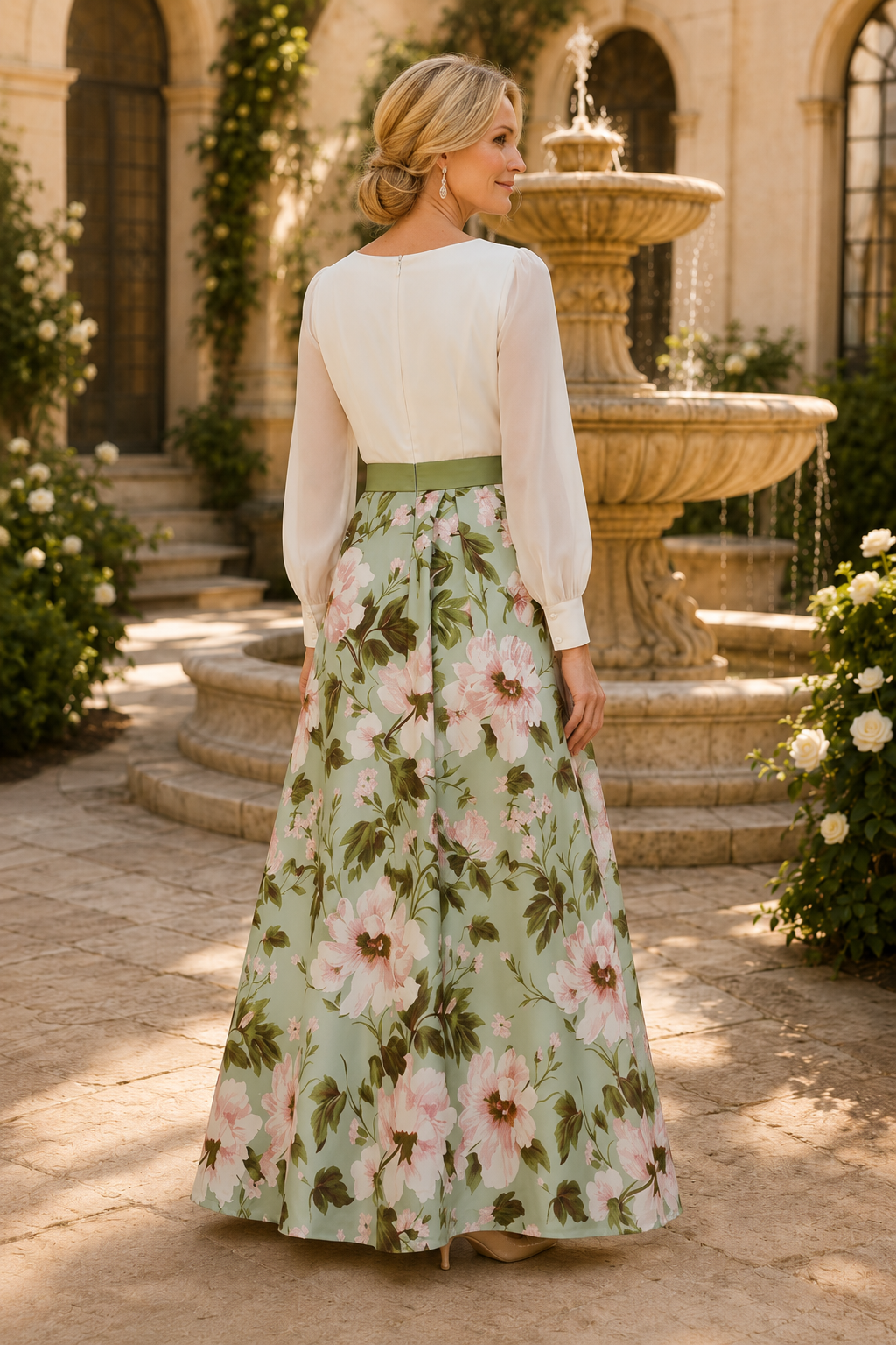 Vestido maxi acampanado con estampado floral y manga larga