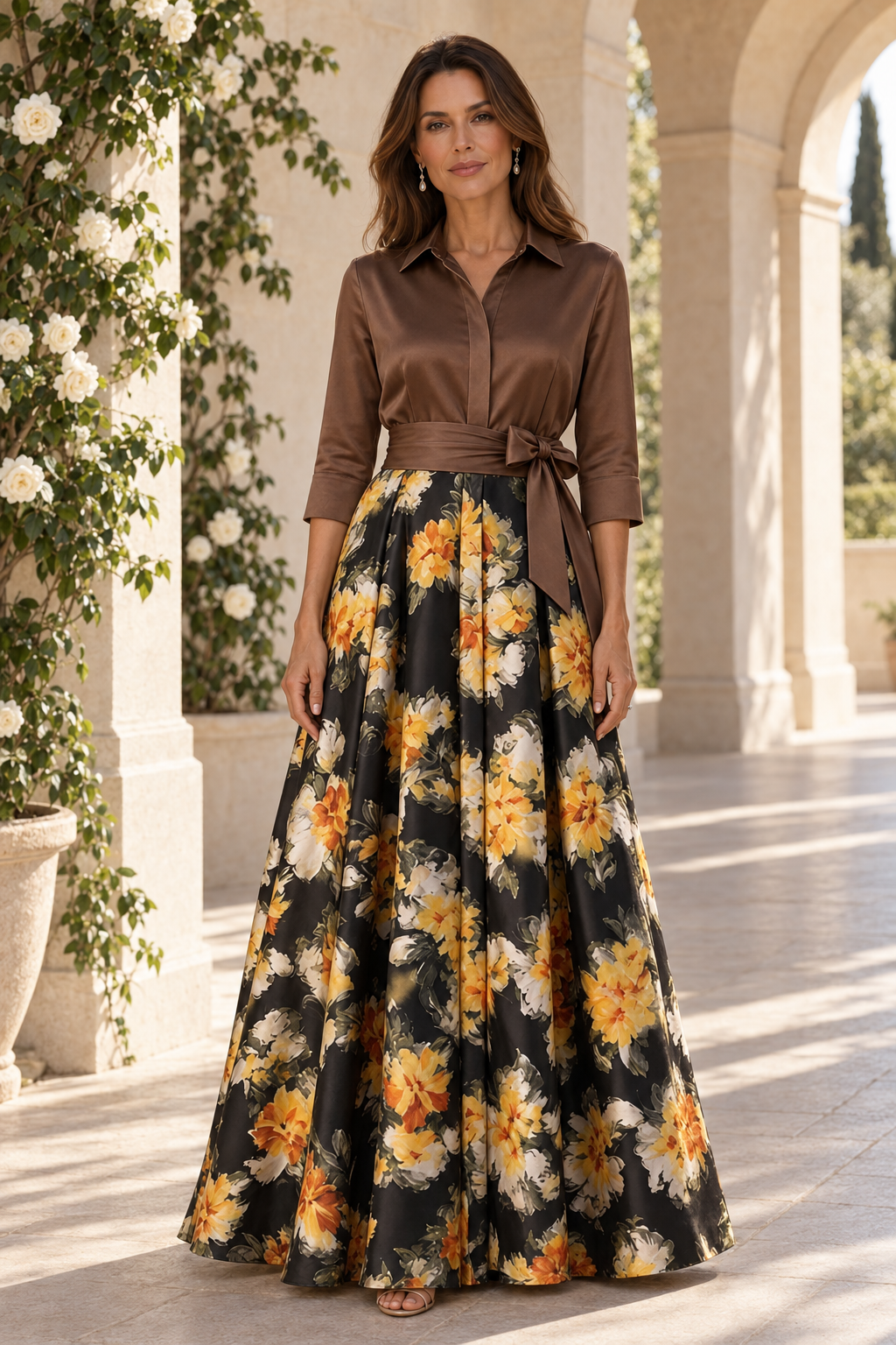 Vestido de noche acampanado de satén floral con cuello