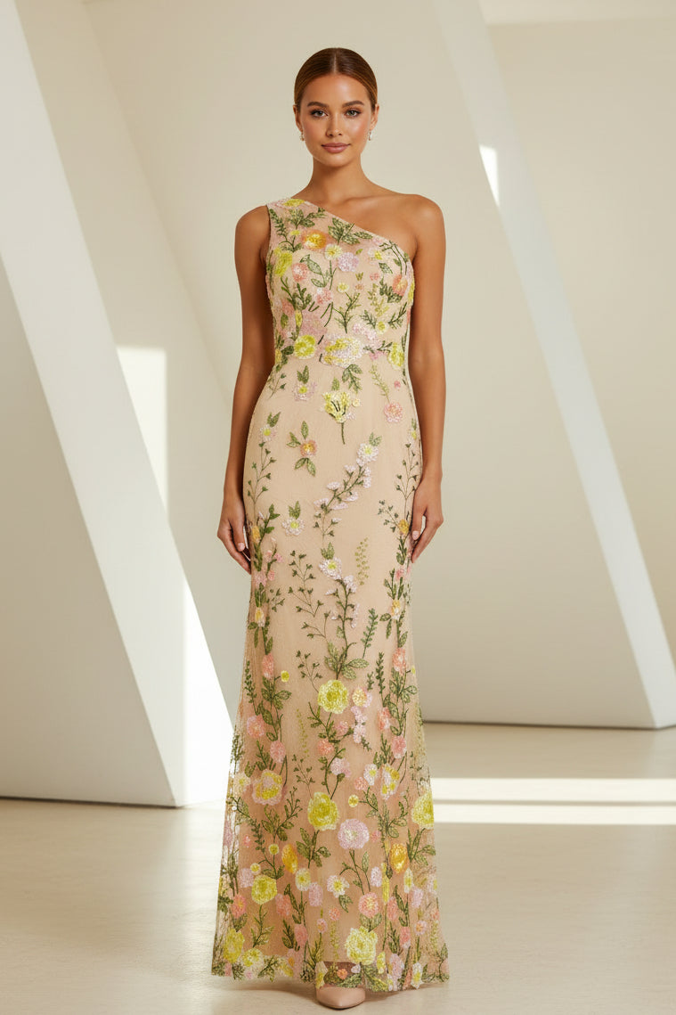 Vestido de noche asimétrico con bordado floral