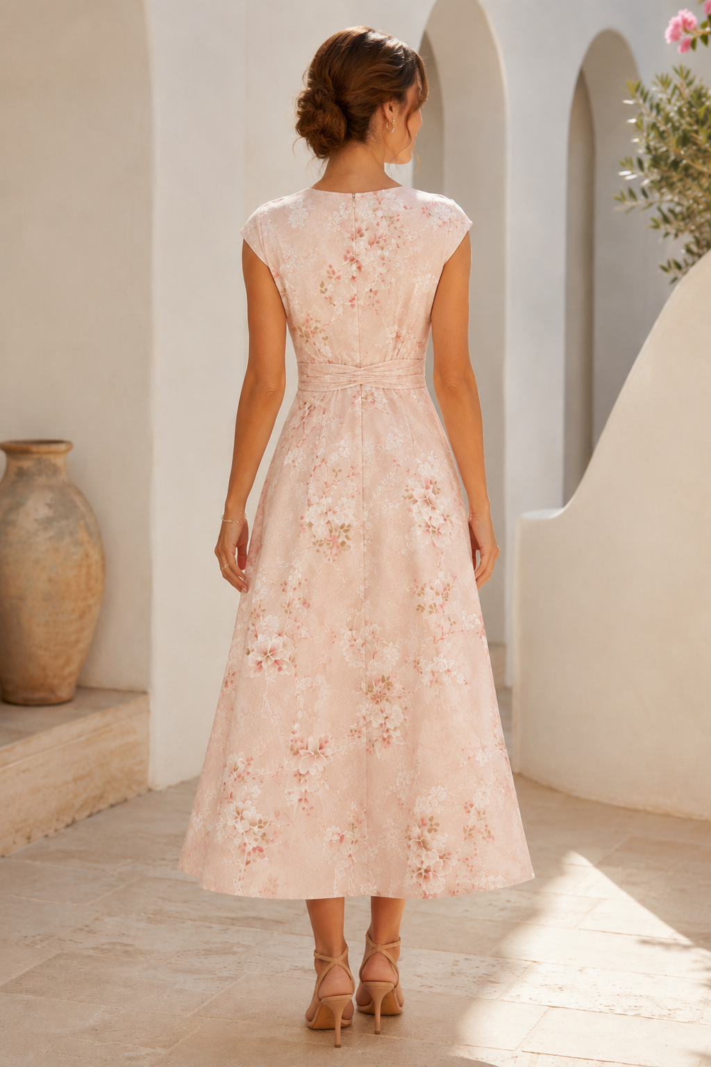 Vestido midi de vuelo con cuello en V floral y manga casquillo