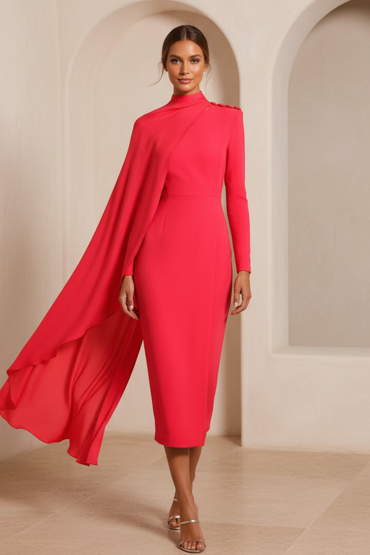 Vestido midi de cuello alto con capa asimétrica