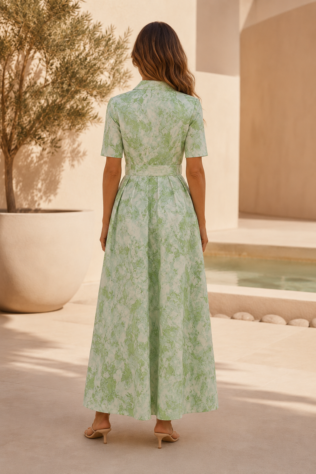 Vestido Midi Plisado con Cuello y Cinturón