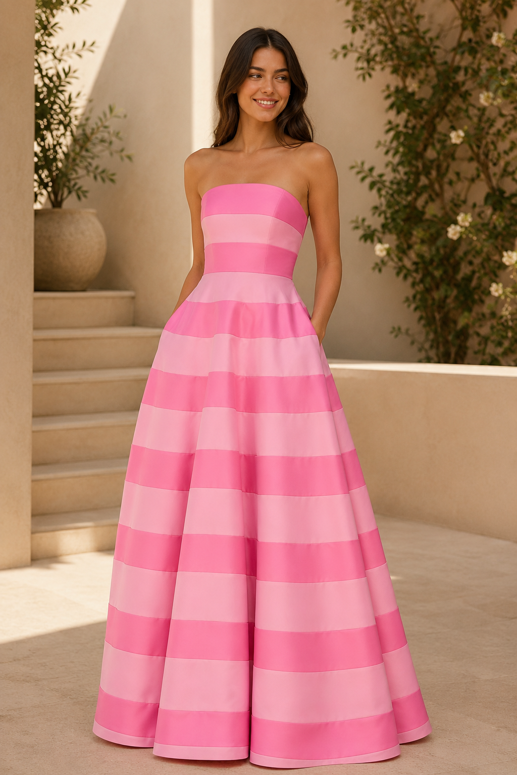 Vestido de gala de satén con rayas y corte en A sin tirantes