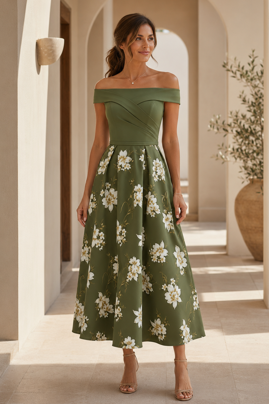 Vestido midi acampanado con estampado floral y hombros descubiertos