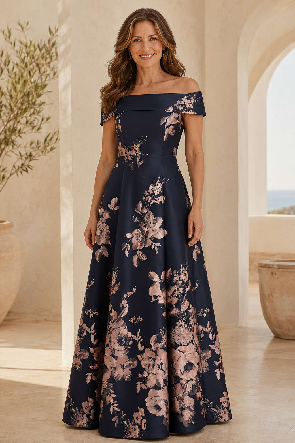 Vestido de noche floral con escote Bardot y corte en A