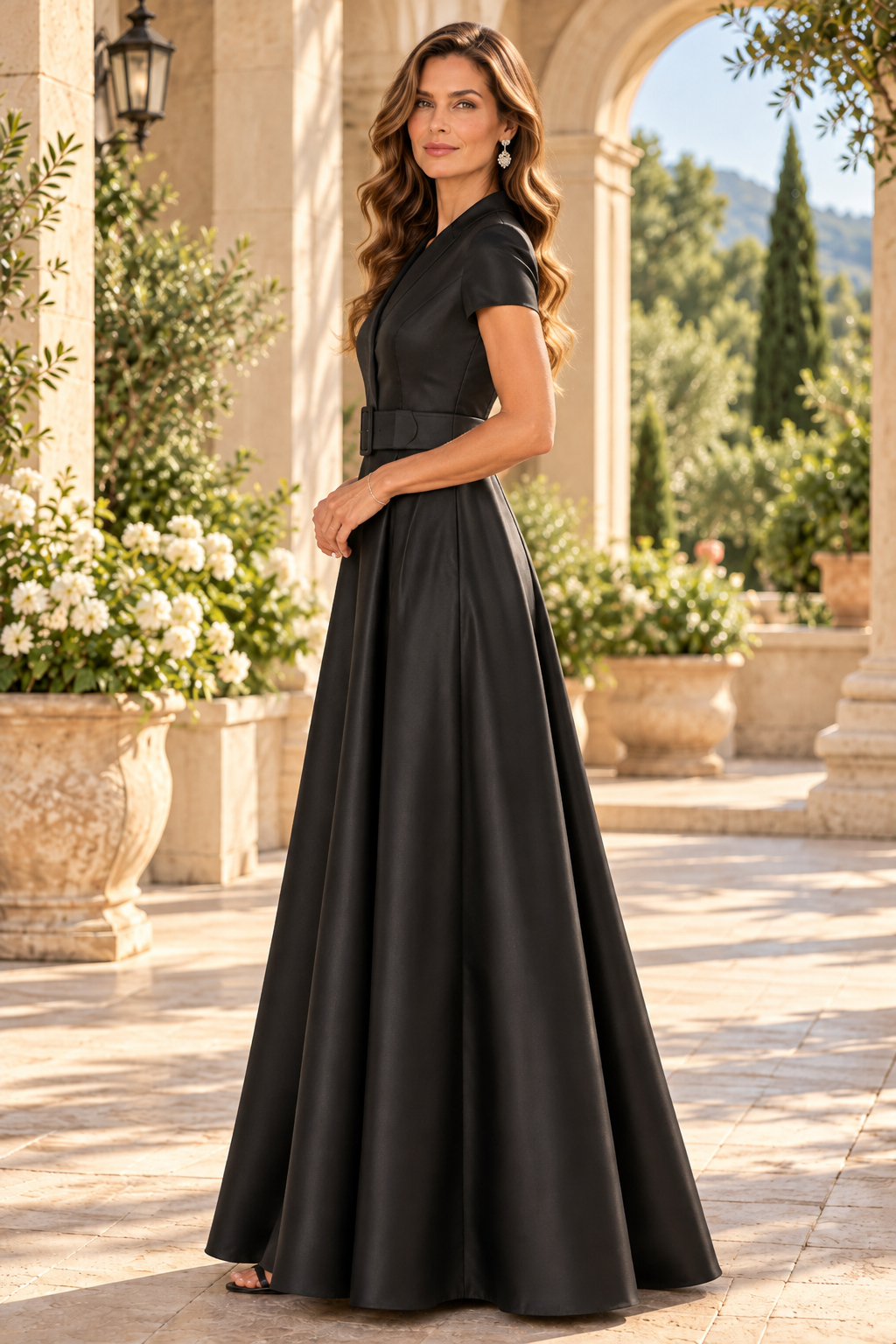 A-Line Gown with Lapel Neckline and Belt