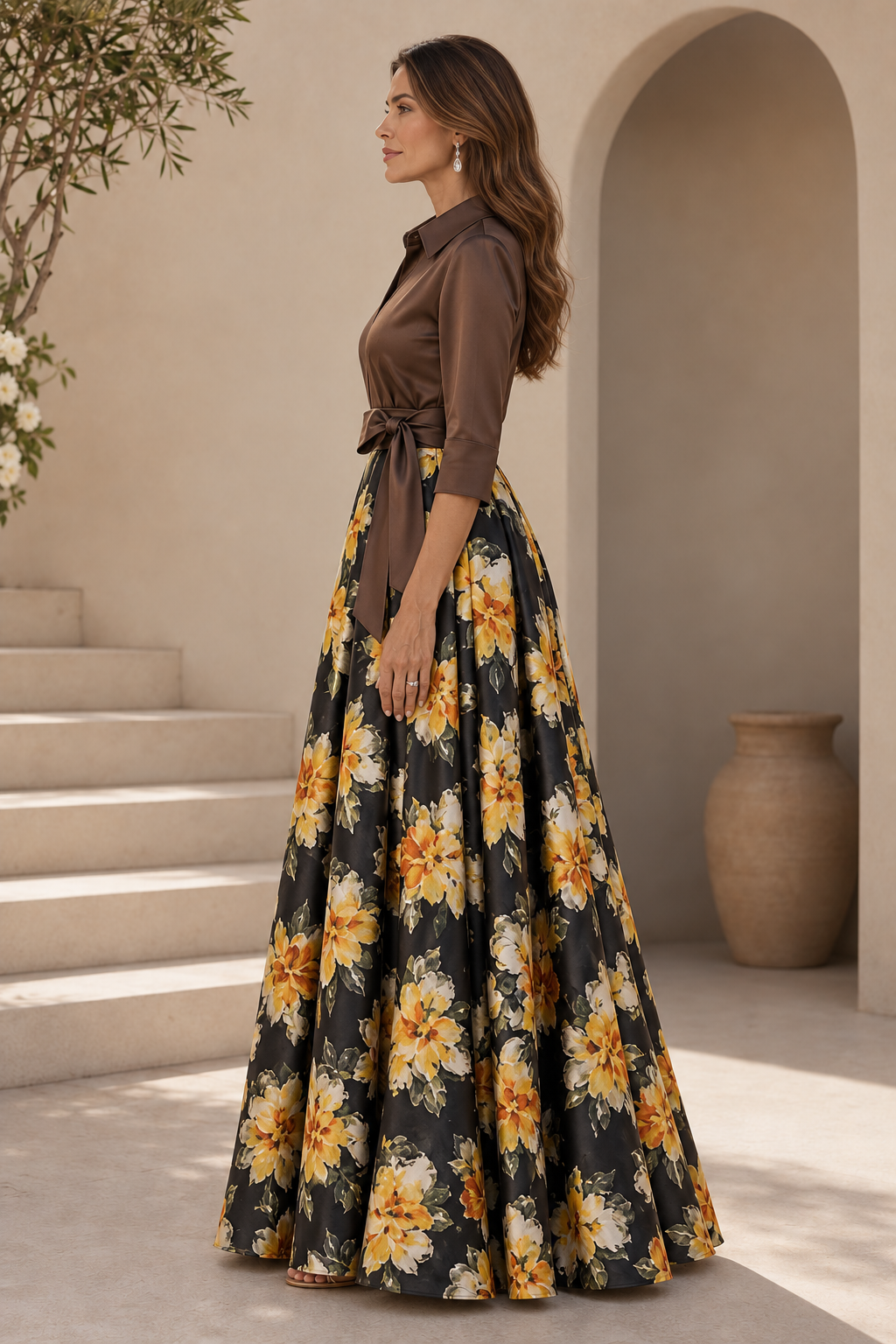 Vestido de noche acampanado de satén floral con cuello