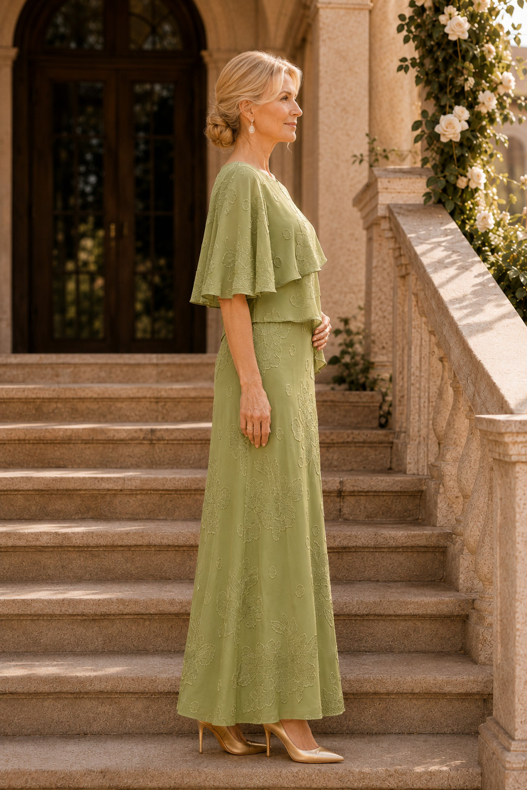 Vestido largo de capa con volantes y textura floral