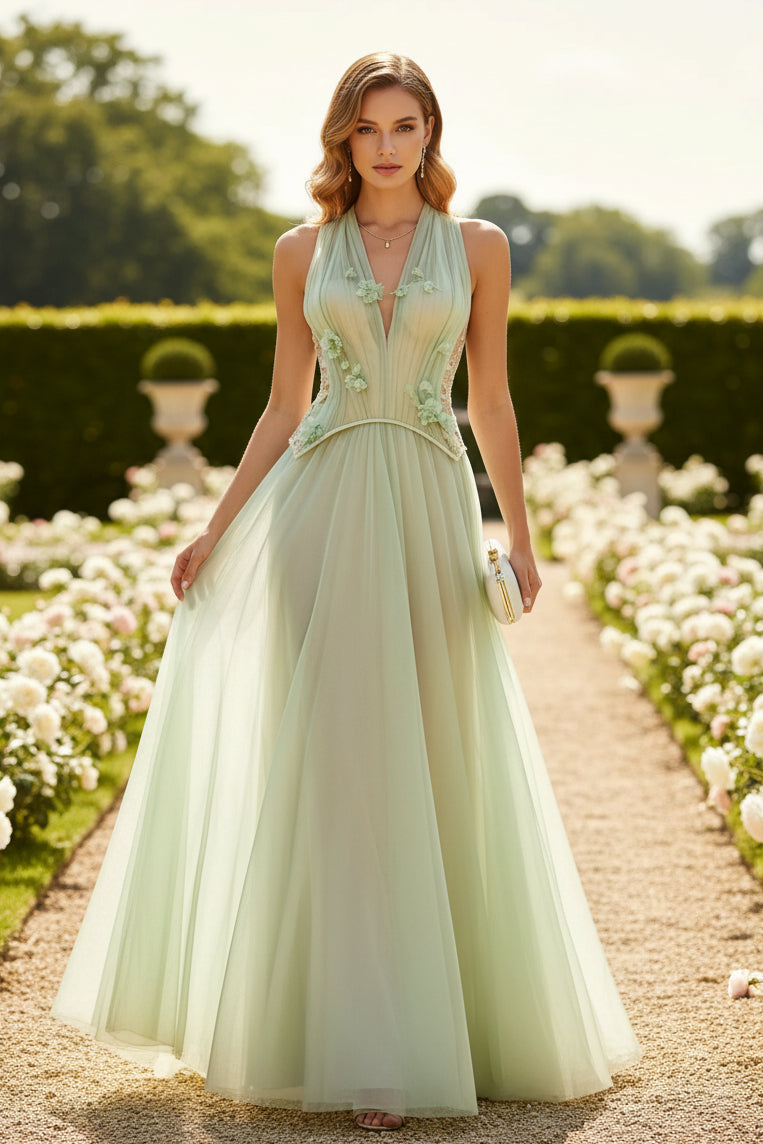 Romántico vestido de noche de tul acampanado con flores en 3D