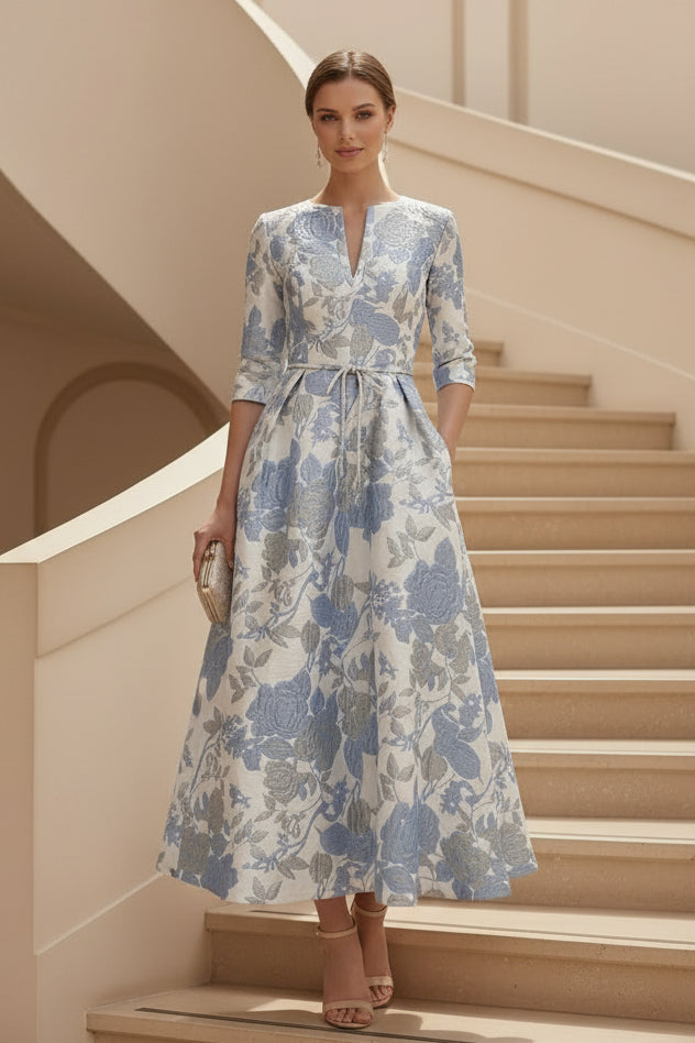 Vestido Midi Evasé de Jacquard Floral con Bolsillos