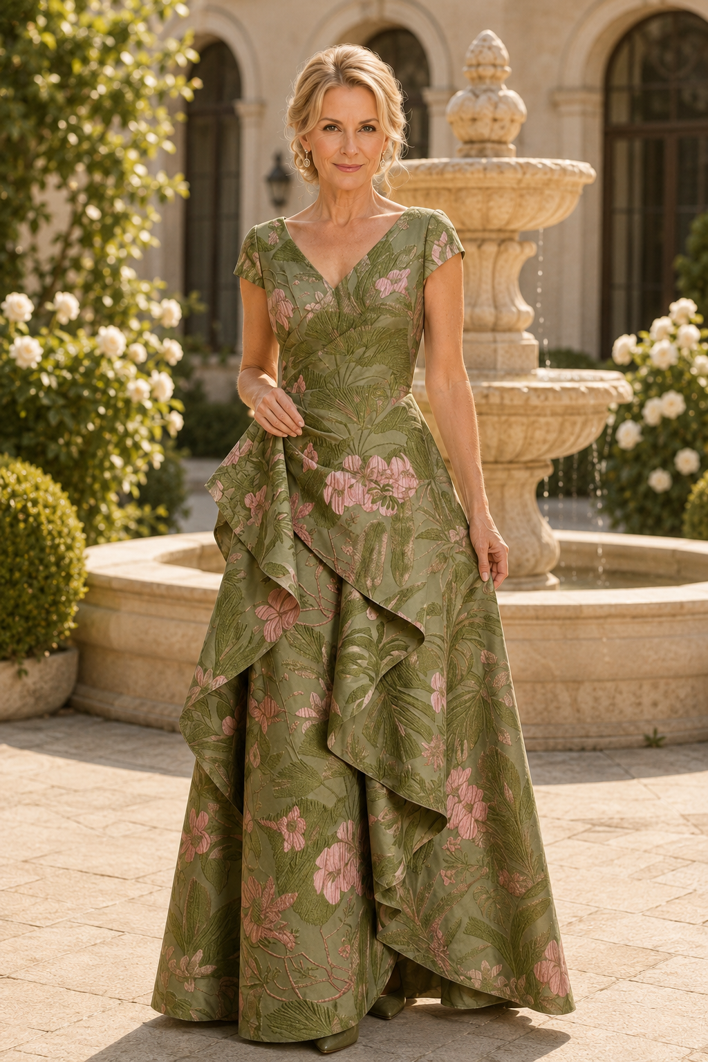 Vestido de jacquard floral con línea A y volante en cascada