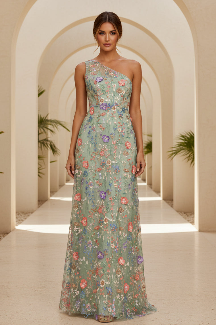 Vestido de noche asimétrico con bordado floral