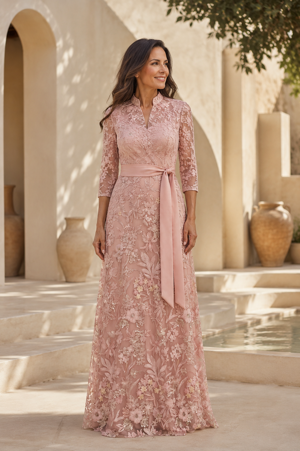 Vestido de Noche de Encaje con Silueta A, Mangas 3/4 y Lazo