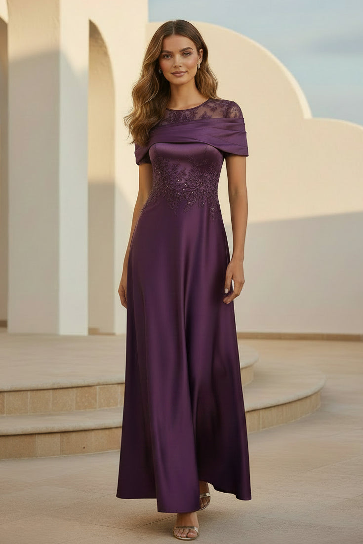 Vestido de Noche Línea A de Satén con Escote Ilusión