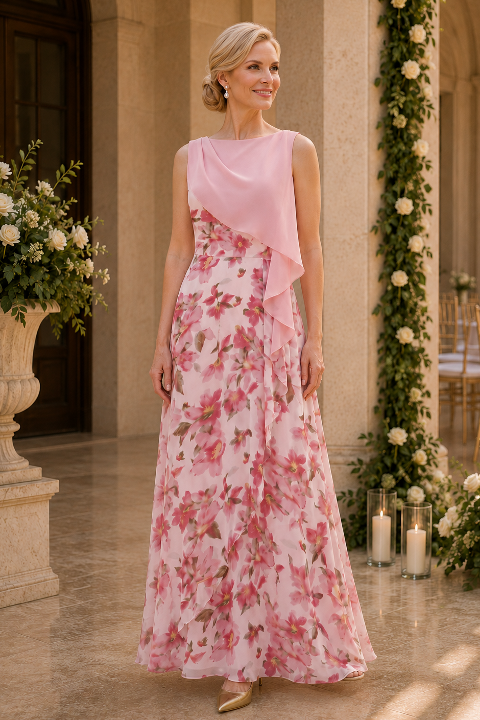 Vestido largo de gasa floral con corte en A y corpiño drapeado
