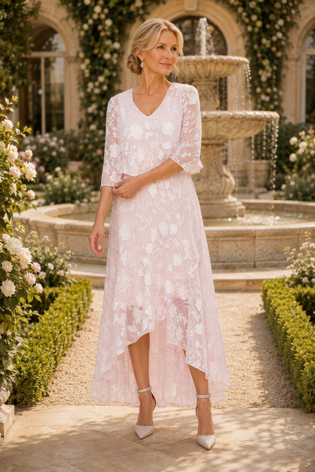 Vestido alto-bajo de encaje floral con chaqueta torera
