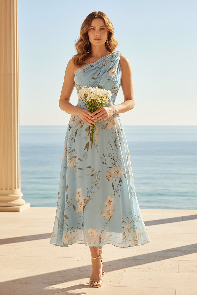 Vestido midi de chifón floral con un solo hombro