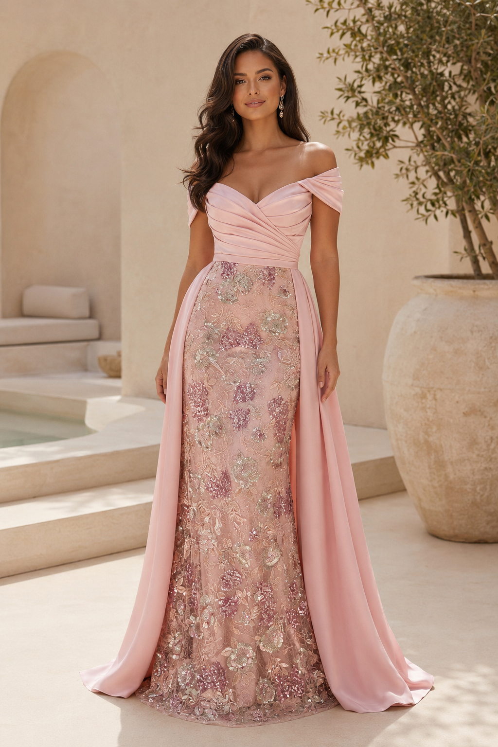 Vestido de Noche Sirena con Lentejuelas Florales Hombros Descubiertos y Sobrefalda