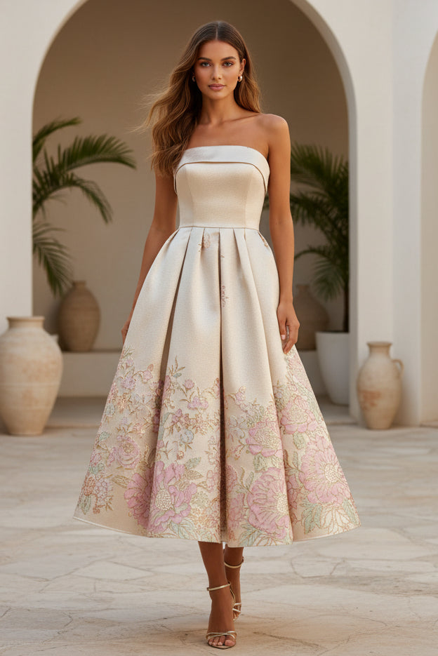 Vestido palabra de honor largo "tea-length" con jacquard floral