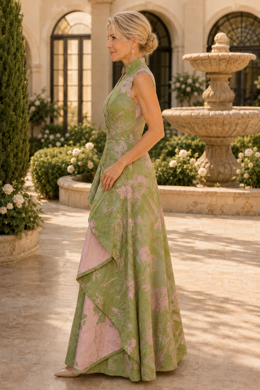 Vestido de cola en A de jacquard floral con sobrefalda drapeada