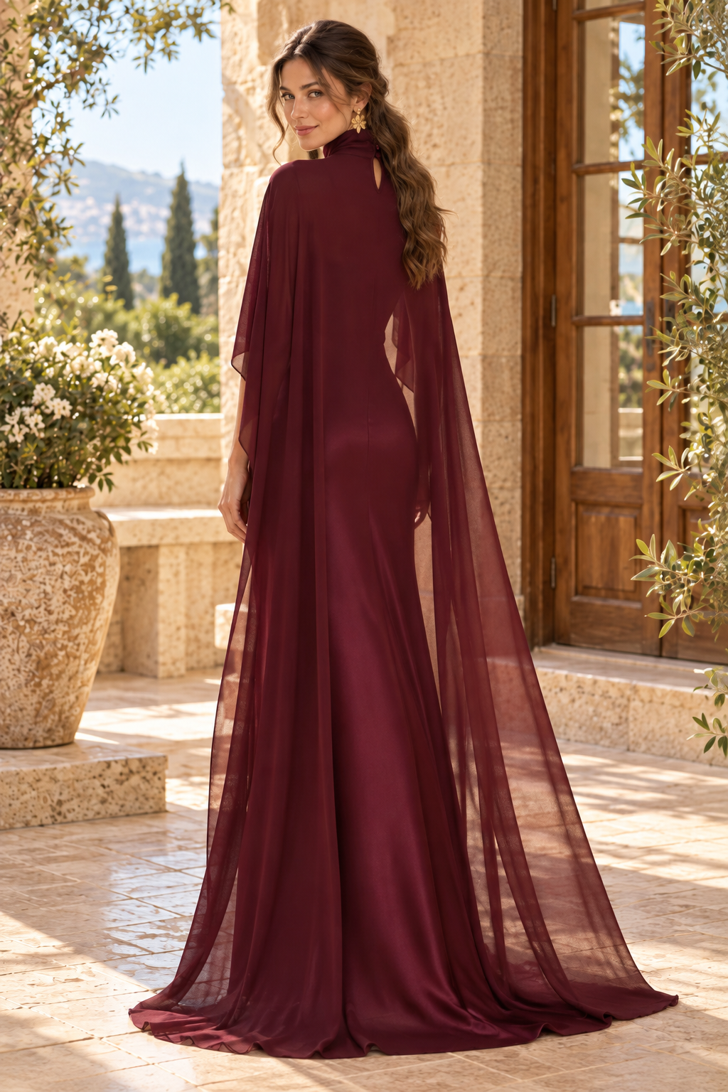 High Neck Satin Evening Gown with Cape