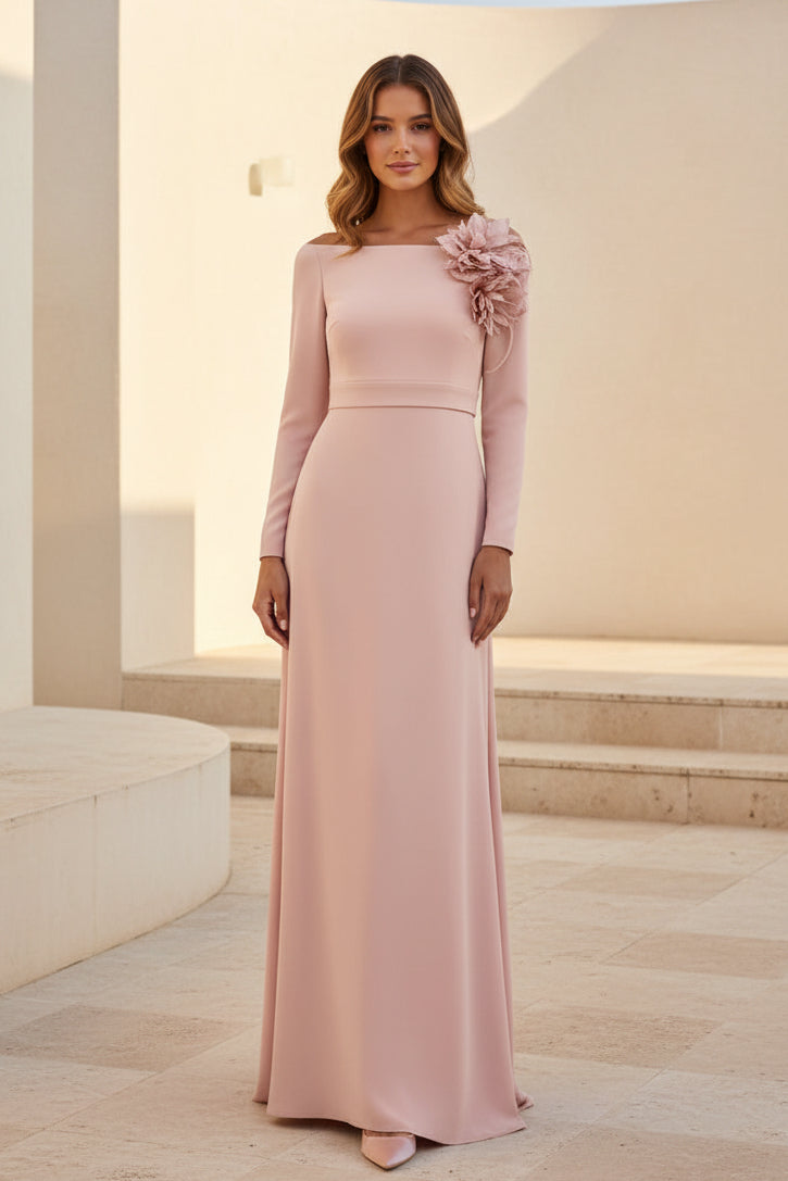 Elegante Vestido de Noche de Manga Larga con Flores 3D