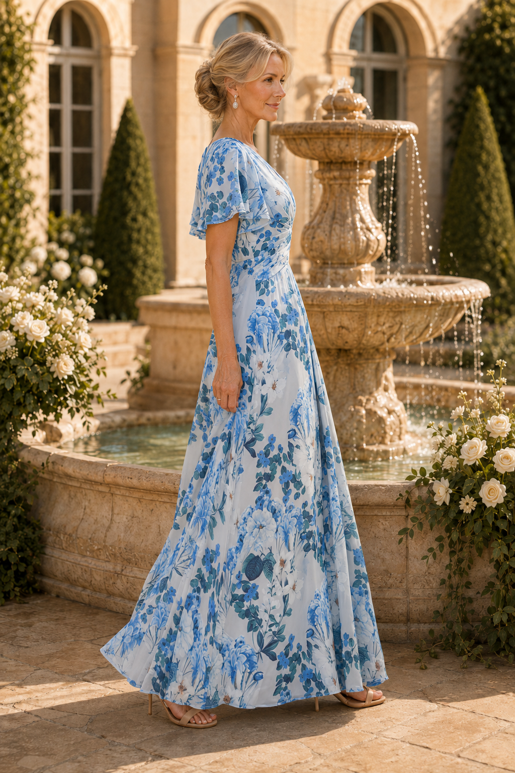 Vestido largo con estampado floral, cuerpo fruncido y mangas con volantes