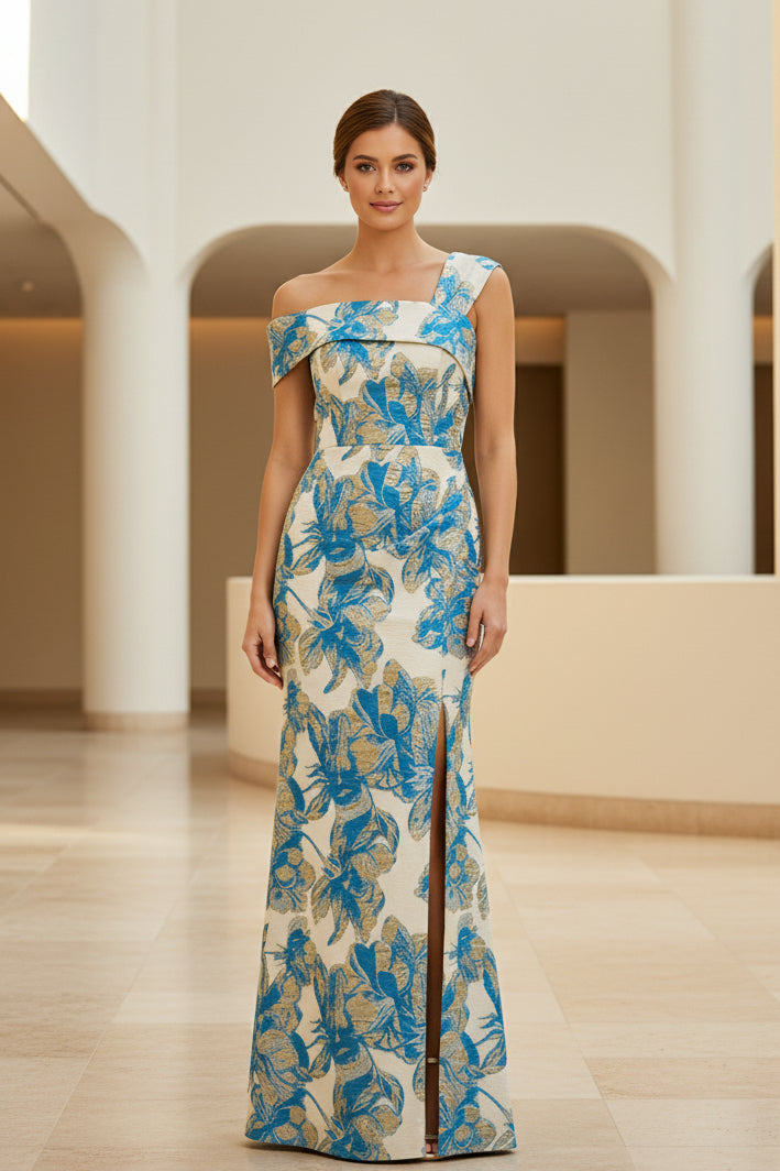 Vestido de noche largo jacquard floral con abertura y un solo hombro