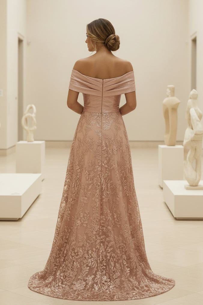 Vestido de noche formal con hombros descubiertos, encaje y lentejuelas, corte A