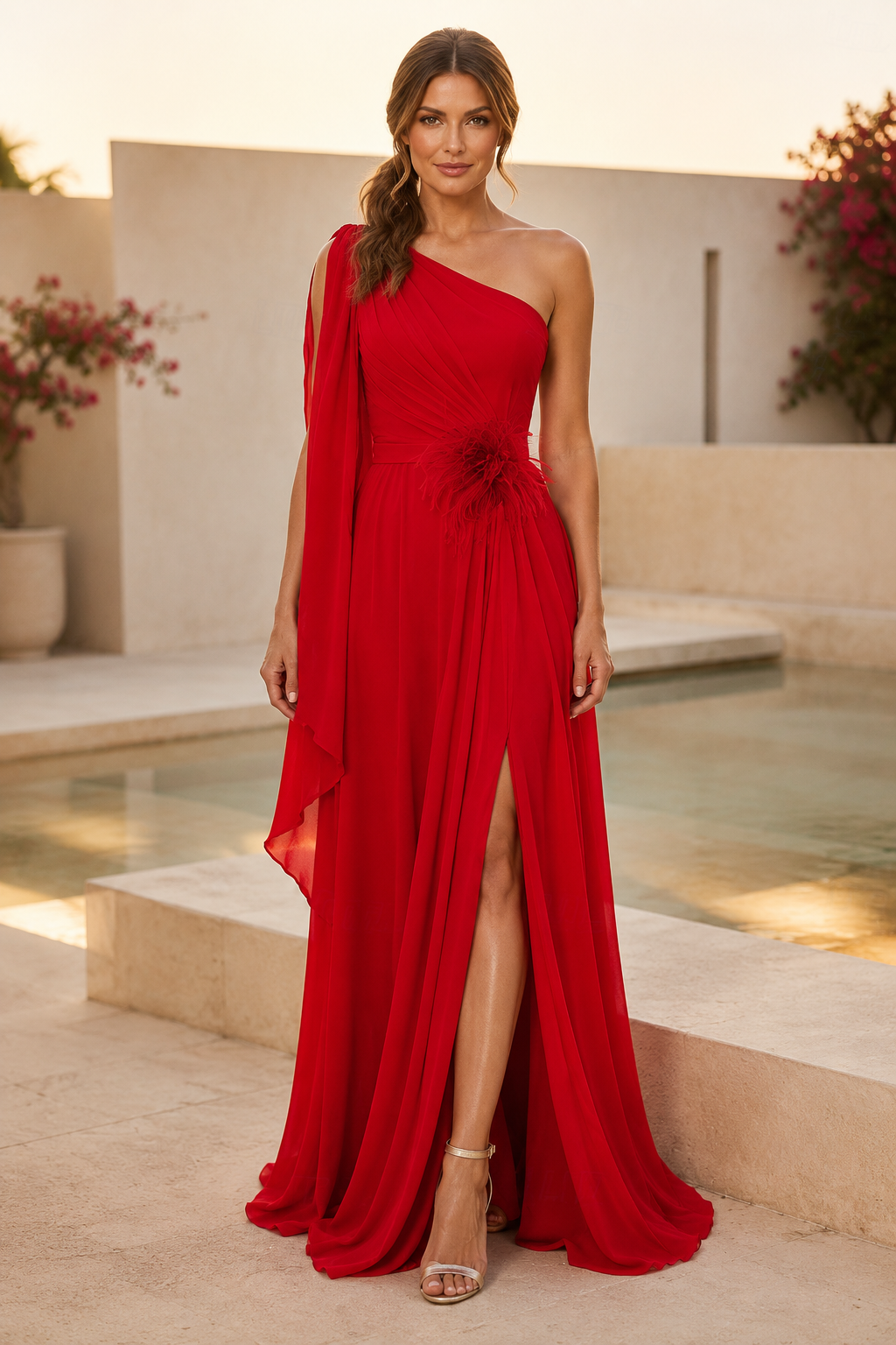 Vestido largo de gasa con un hombro y panel de cascada drapeado